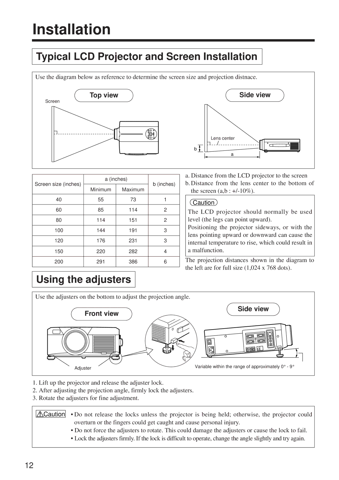 Hitachi CP-X960WA/970W Typical LCD Projector and Screen Installation, Using the adjusters, Top view Side view 