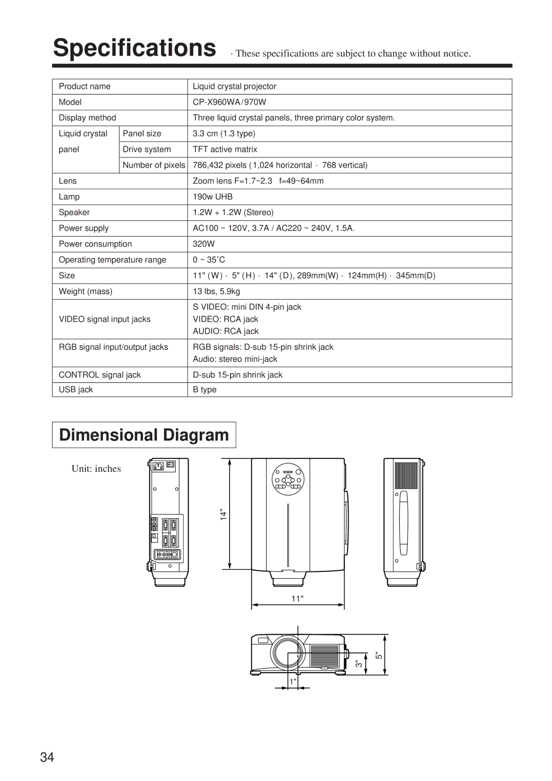 Hitachi CP-X960WA/970W user manual Dimensional Diagram, Unit inches 