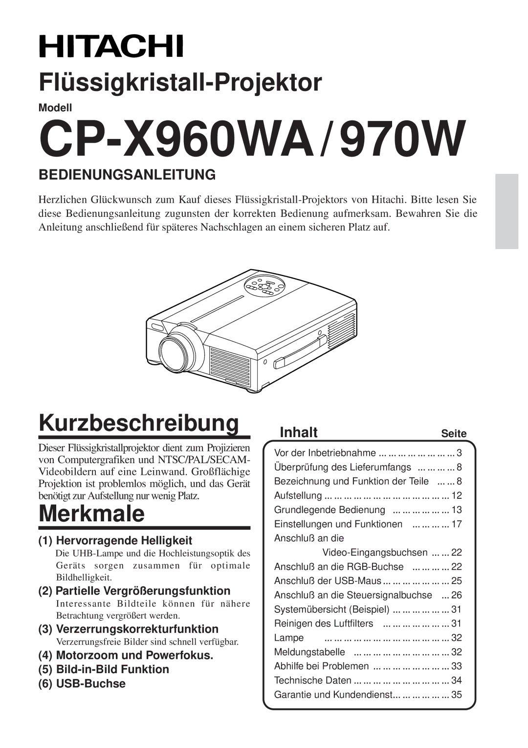 Hitachi CP-X960WA/970W Kurzbeschreibung, Merkmale, InhaltSeite, Modell, Verzerrungsfreie Bilder sind schnell verfügbar 