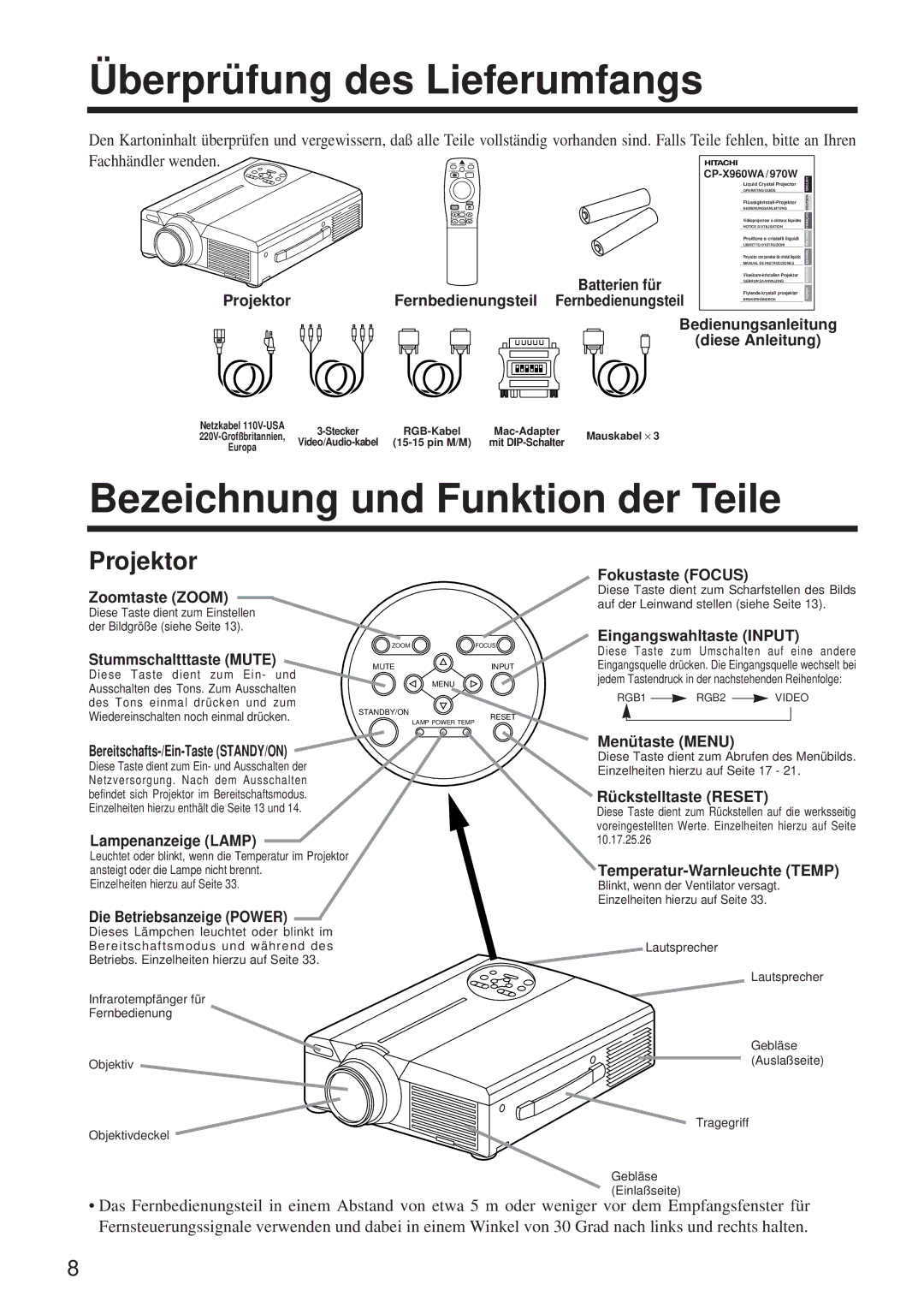 Hitachi CP-X960WA/970W user manual Überprüfung des Lieferumfangs, Bezeichnung und Funktion der Teile, Projektor 