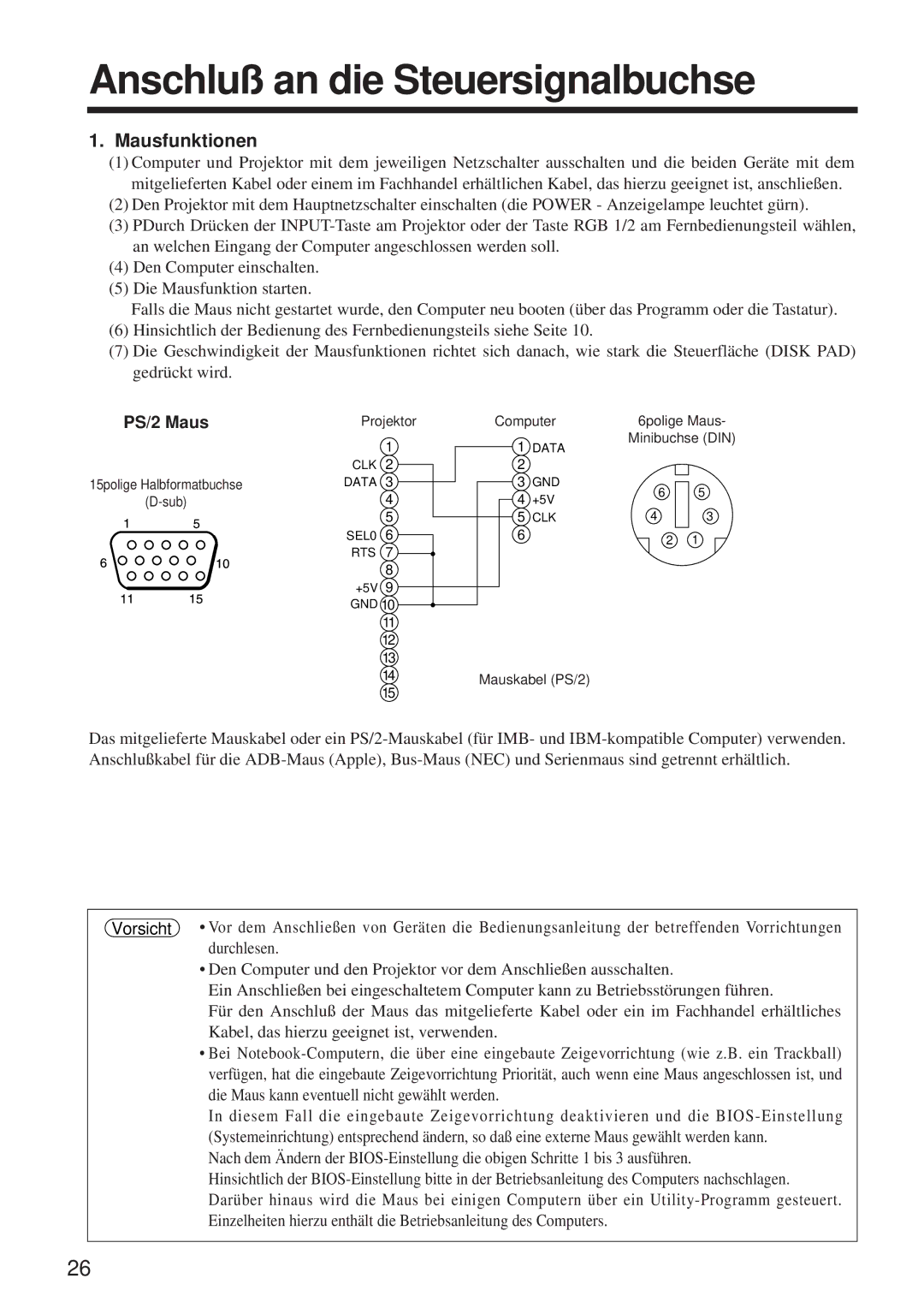 Hitachi CP-X960WA/970W Anschluß an die Steuersignalbuchse, Mausfunktionen, Durchlesen, Projektor Computer, Mauskabel PS/2 