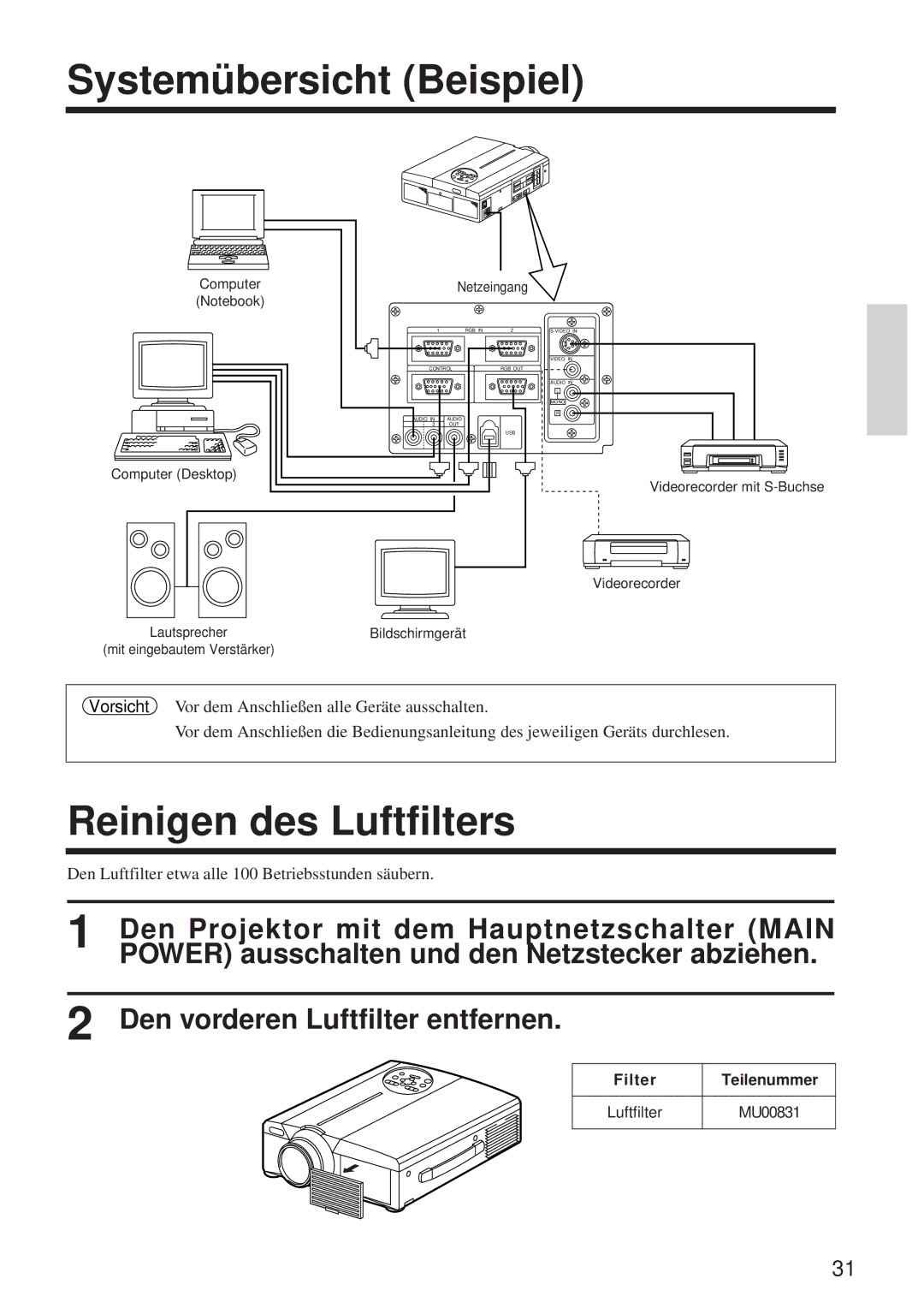 Hitachi CP-X960WA/970W user manual Systemübersicht Beispiel, Reinigen des Luftfilters, Filter Teilenummer Luftfilter 