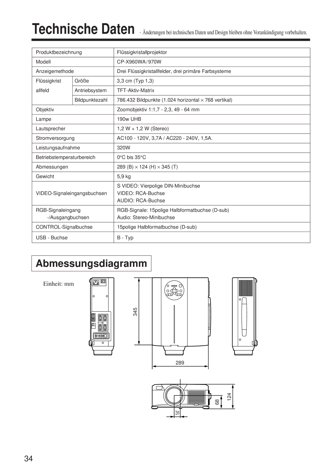 Hitachi CP-X960WA/970W Abmessungsdiagramm, Einheit mm, Drei Flüssigkristallfelder, drei primäre Farbsysteme, 345 289 124 