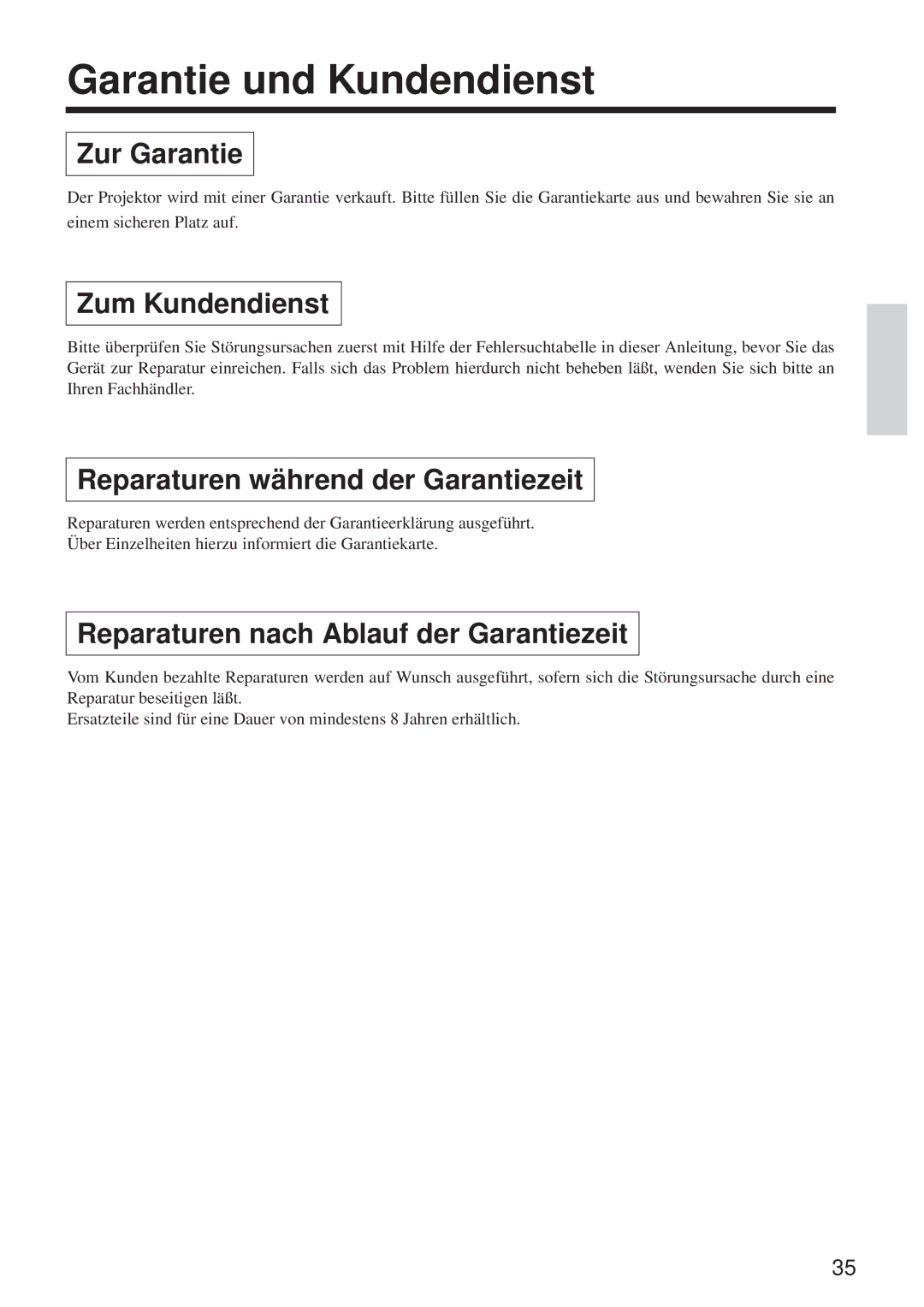 Hitachi CP-X960WA/970W Garantie und Kundendienst, Zur Garantie, Zum Kundendienst, Reparaturen während der Garantiezeit 