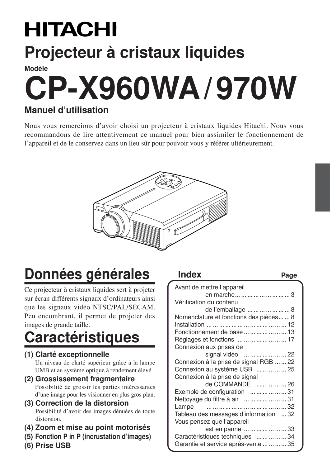 Hitachi CP-X960WA/970W user manual Données générales, Caractéristiques, Manuel d’utilisation, IndexPage, Modèle 