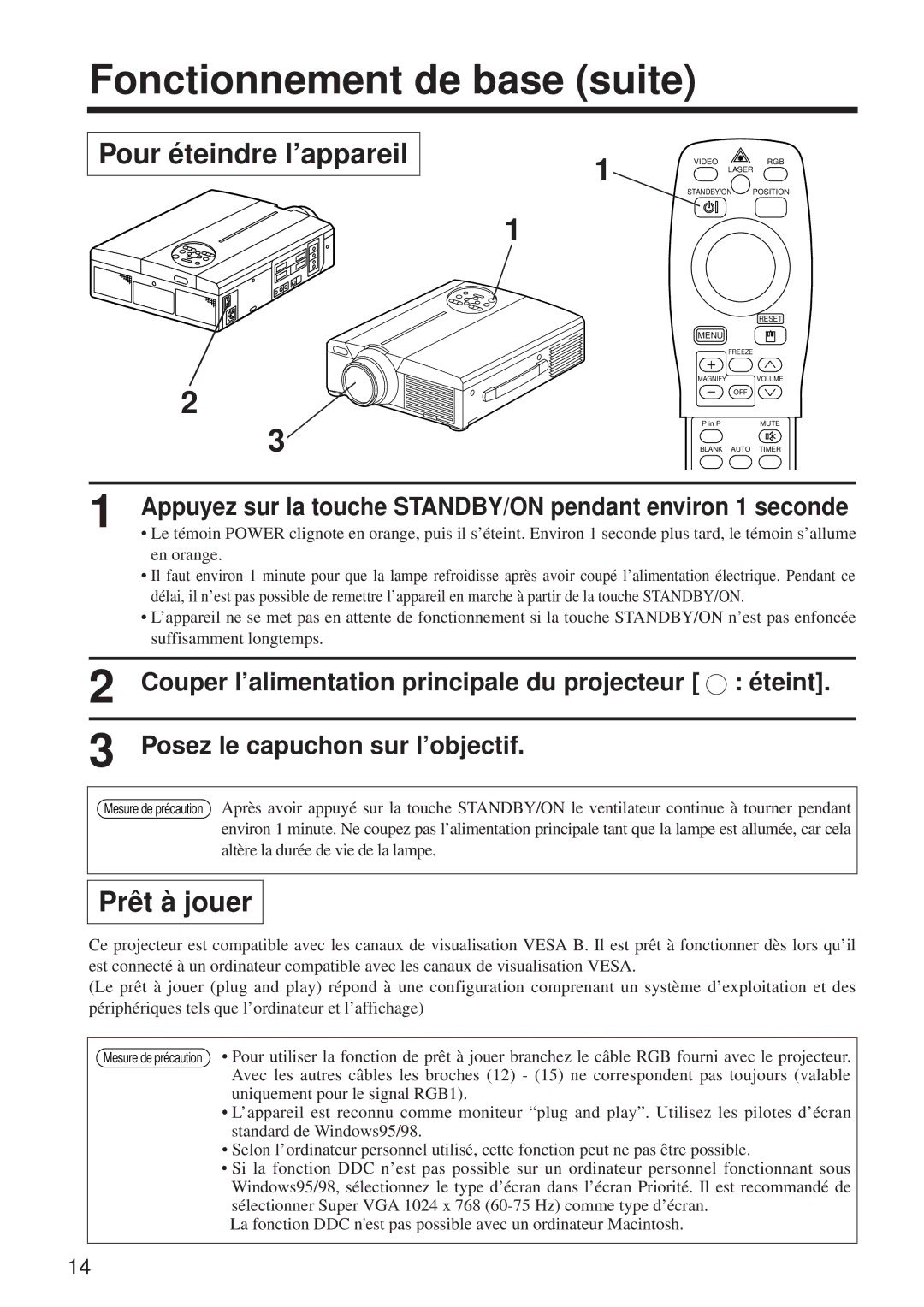 Hitachi CP-X960WA/970W user manual Fonctionnement de base suite, Pour éteindre l’appareil, Prêt à jouer 