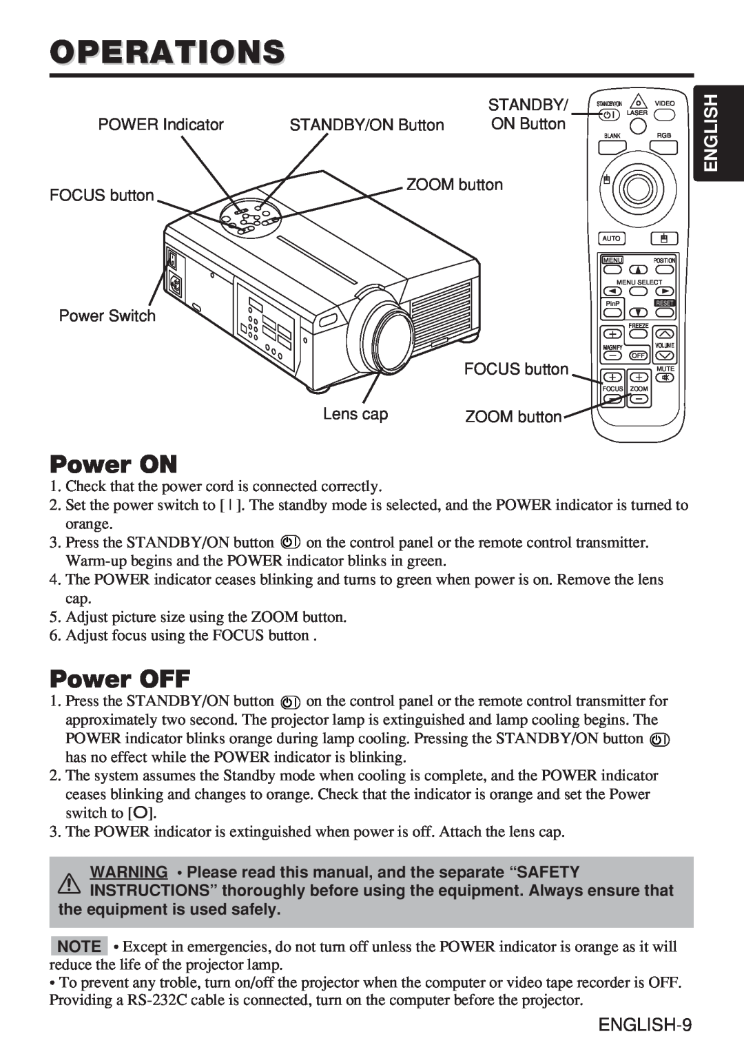 Hitachi CP-X980W user manual Operations, Power ON, Power OFF, English 