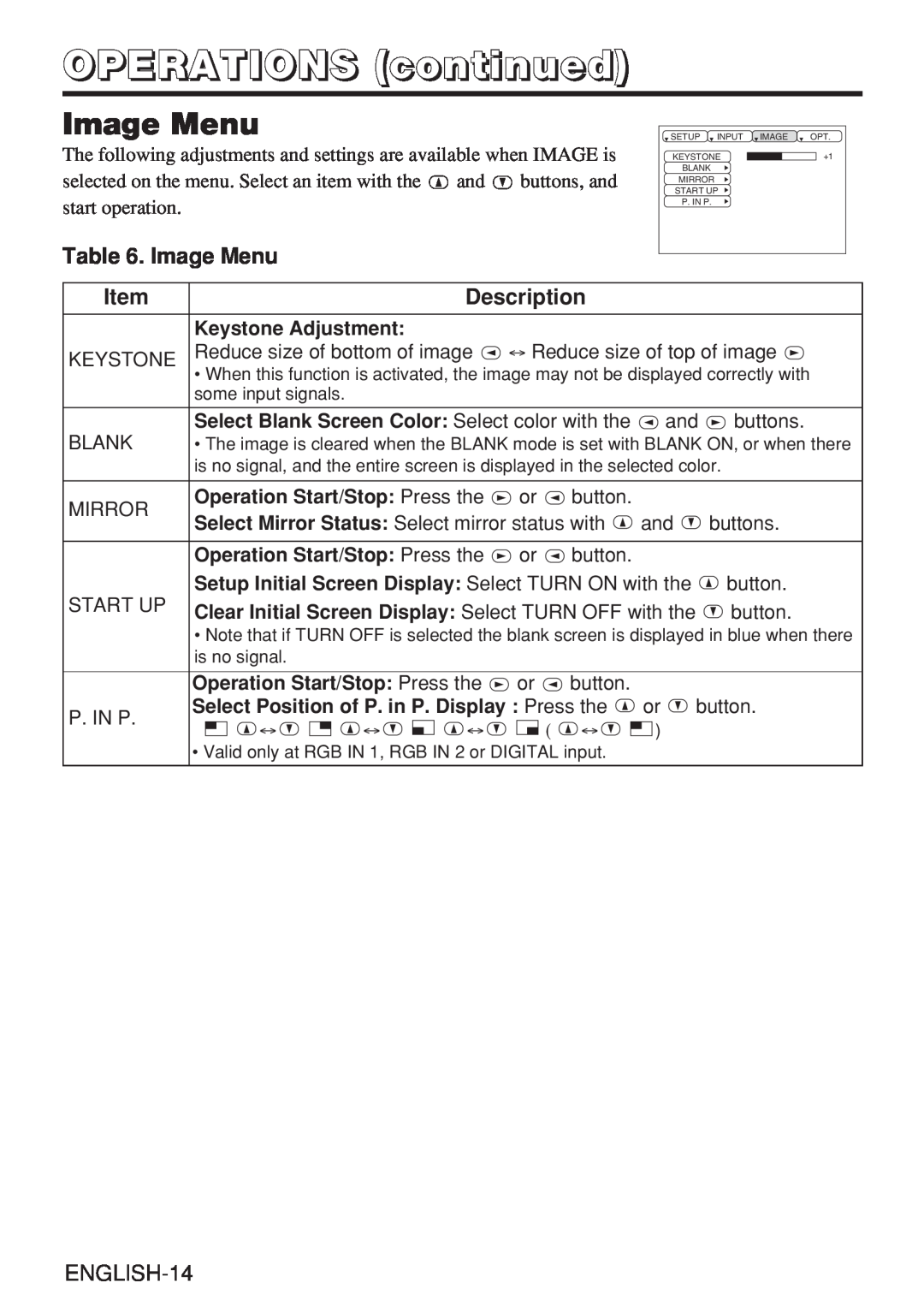 Hitachi CP-X980W user manual Image Menu, OPERATIONS continued, Description, ENGLISH-14 