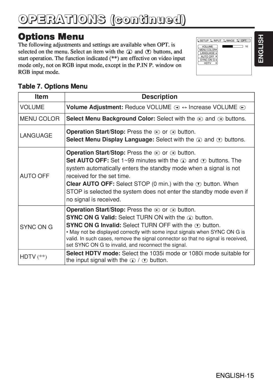 Hitachi CP-X980W user manual Options Menu, OPERATIONS continued, English, Description 