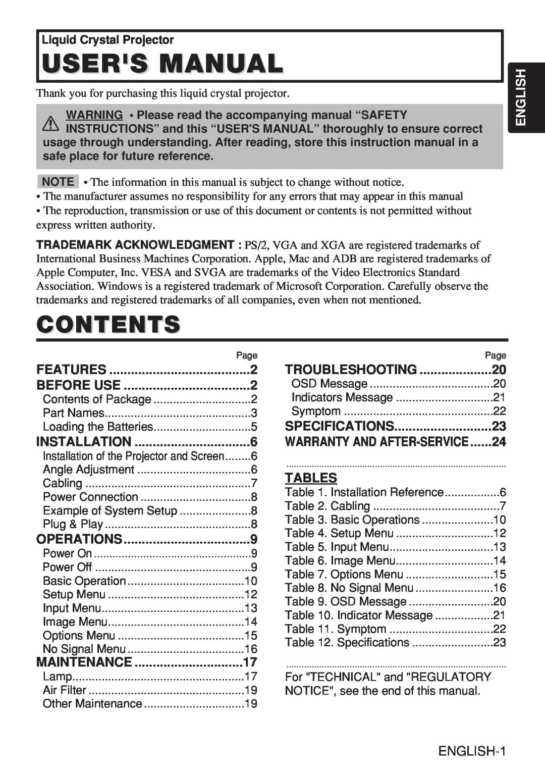 Hitachi CP-X980W user manual Contents, Tables, English 