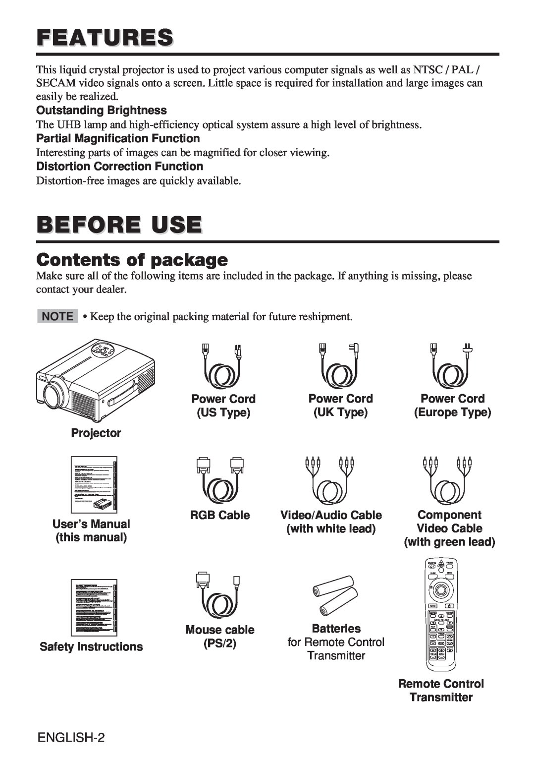 Hitachi CP-X980W user manual Features, Before Use, Contents of package 