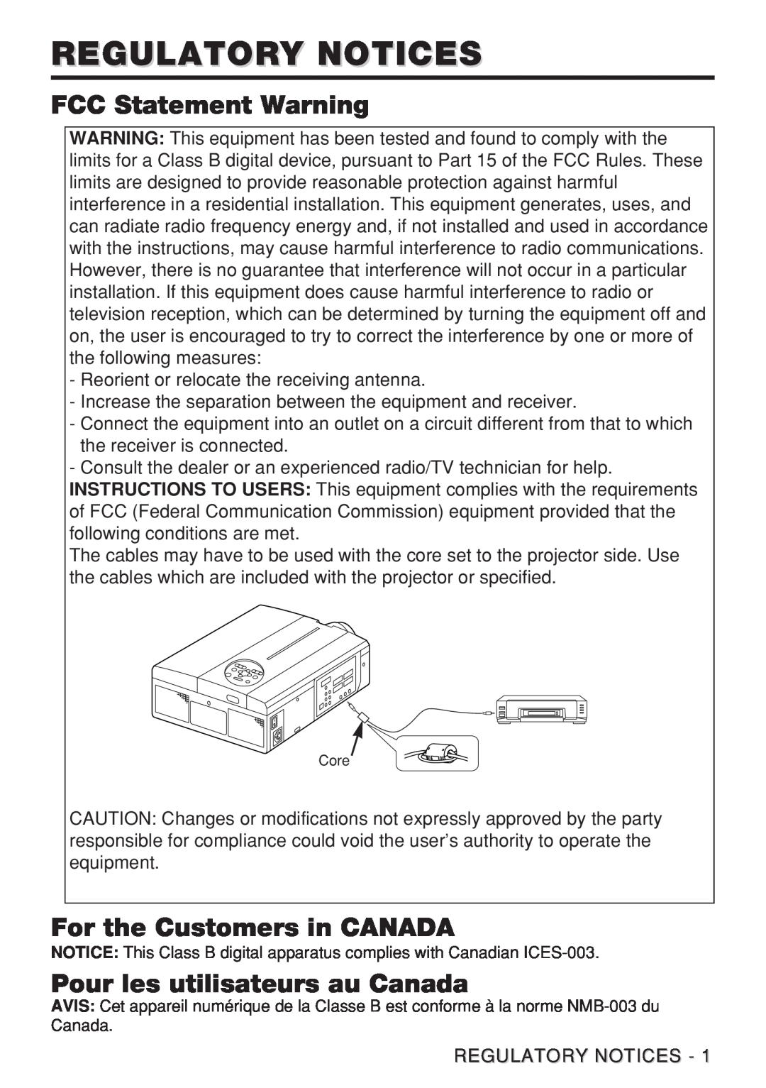 Hitachi CP-X980W Regulatory Notices, FCC Statement Warning, For the Customers in CANADA, Pour les utilisateurs au Canada 