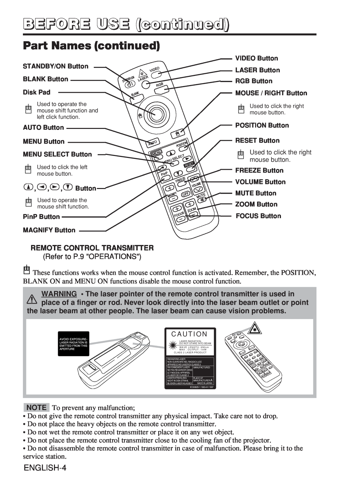 Hitachi CP-X980W user manual Part Names continued, BEFORE USE continued, ENGLISH-4 