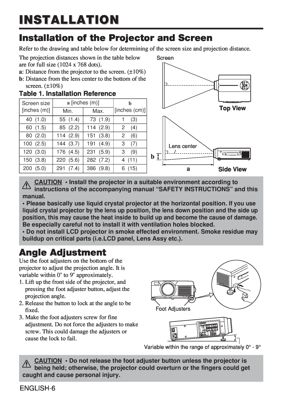 Hitachi CP-X980W user manual Installation of the Projector and Screen, Angle Adjustment, Installation Reference 
