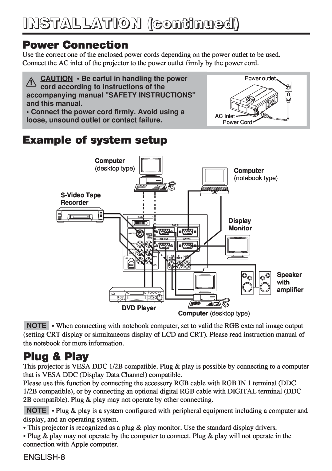 Hitachi CP-X980W user manual Power Connection, Example of system setup, Plug & Play, INSTALLATION continued, ENGLISH-8 