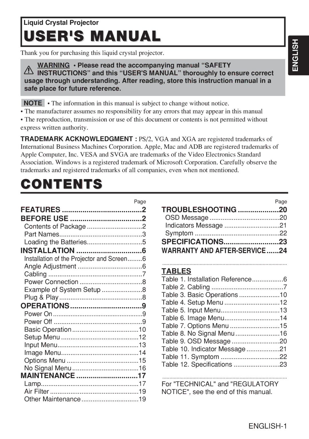 Hitachi CP-X980W user manual Contents 