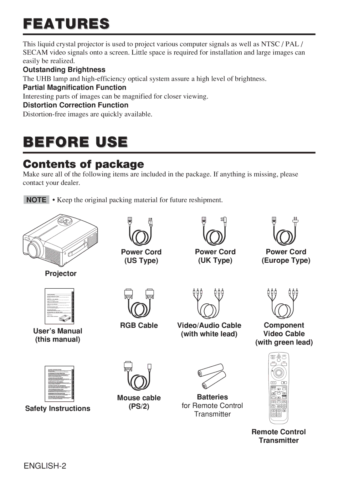 Hitachi CP-X980W user manual Features, Before USE, Contents of package 