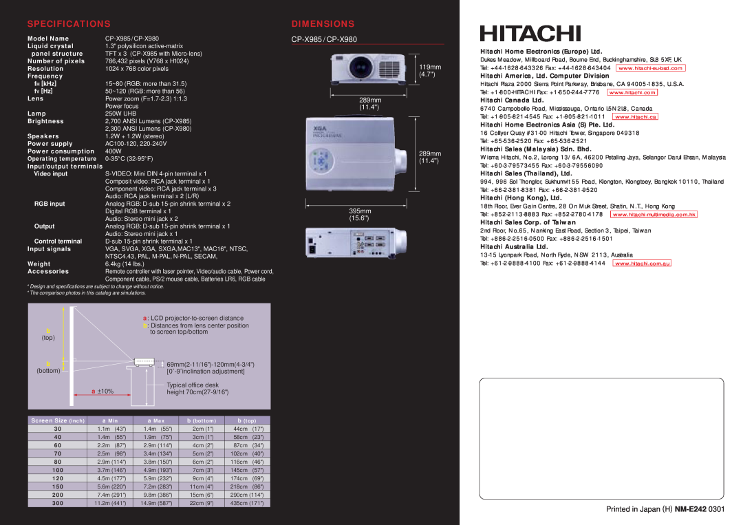 Hitachi manual Specifications, Dimensions, CP-X985 / CP-X980, 119mm 4.7 289mm 11.4 289mm 11.4 395mm 15.6 