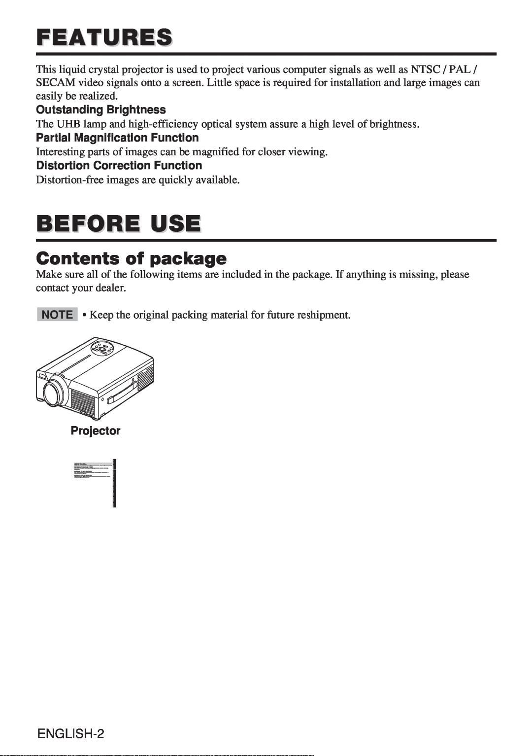 Hitachi CP-X985W user manual Features, Before Use, Contents of package 