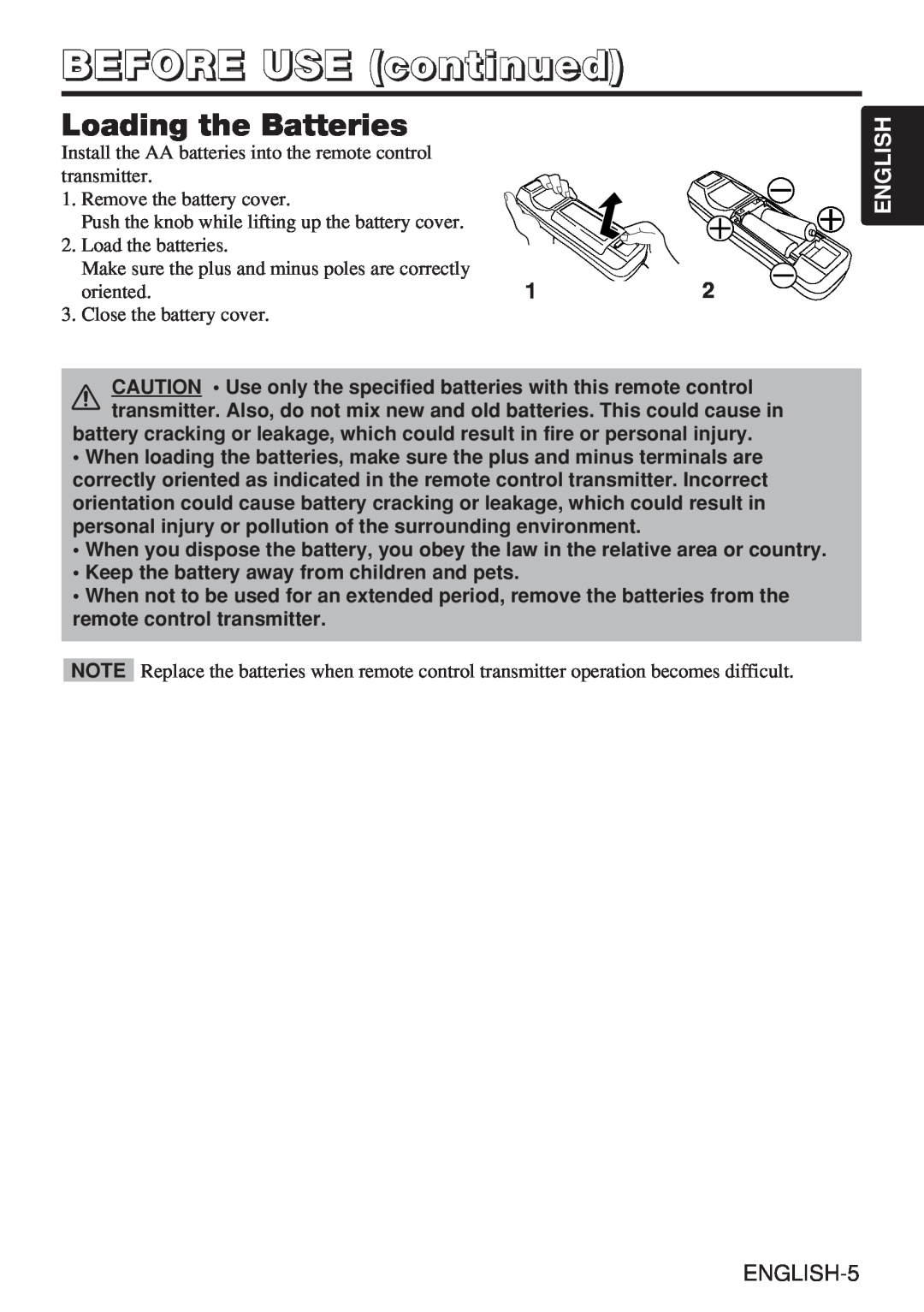 Hitachi CP-X985W user manual Loading the Batteries, BEFORE USE continued, English, ENGLISH-5 