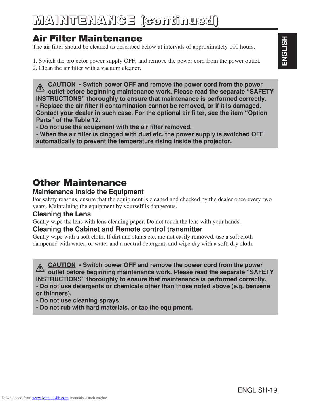 Hitachi CP-X985W user manual Air Filter Maintenance, Other Maintenance, Maintenance Inside the Equipment, Cleaning the Lens 