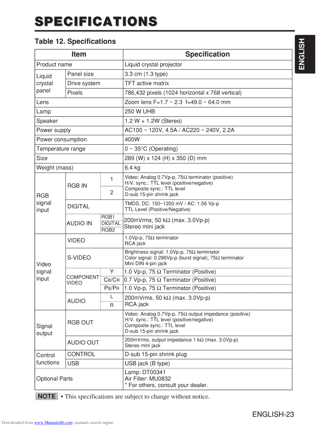 Hitachi CP-X985W user manual Specifications 