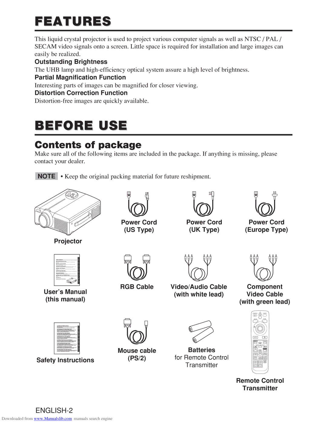 Hitachi CP-X985W user manual Features, Before USE, Contents of package 