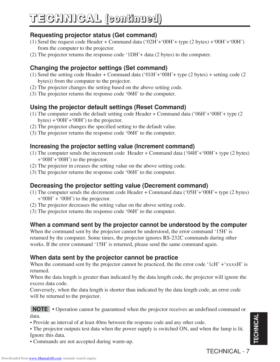 Hitachi CP-X985W user manual Requesting projector status Get command, Changing the projector settings Set command 