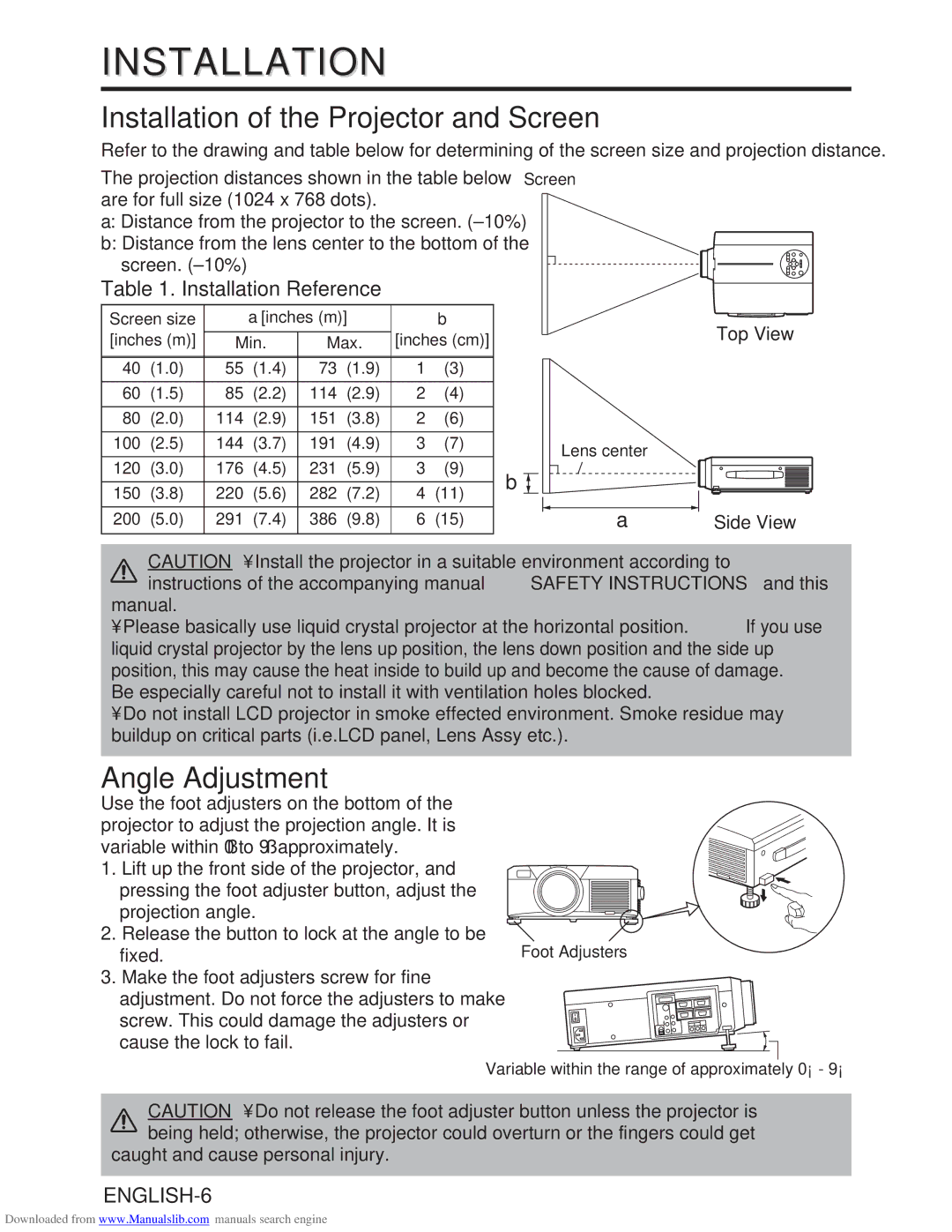 Hitachi CP-X985W user manual Installation of the Projector and Screen, Angle Adjustment, Installation Reference 