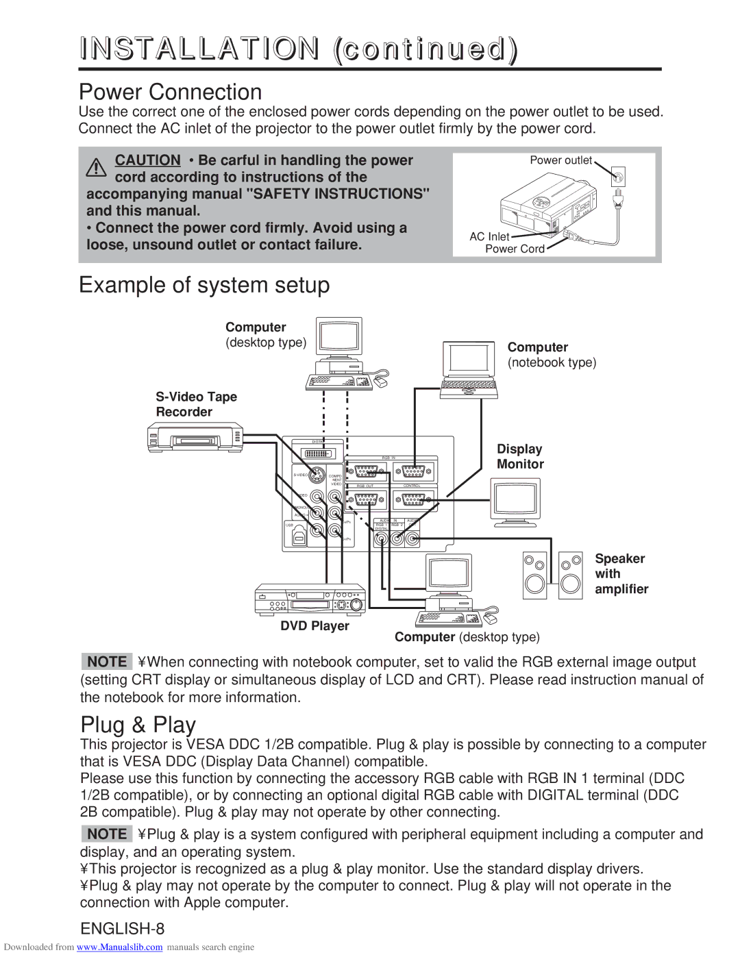 Hitachi CP-X985W user manual Power Connection, Example of system setup, Plug & Play 