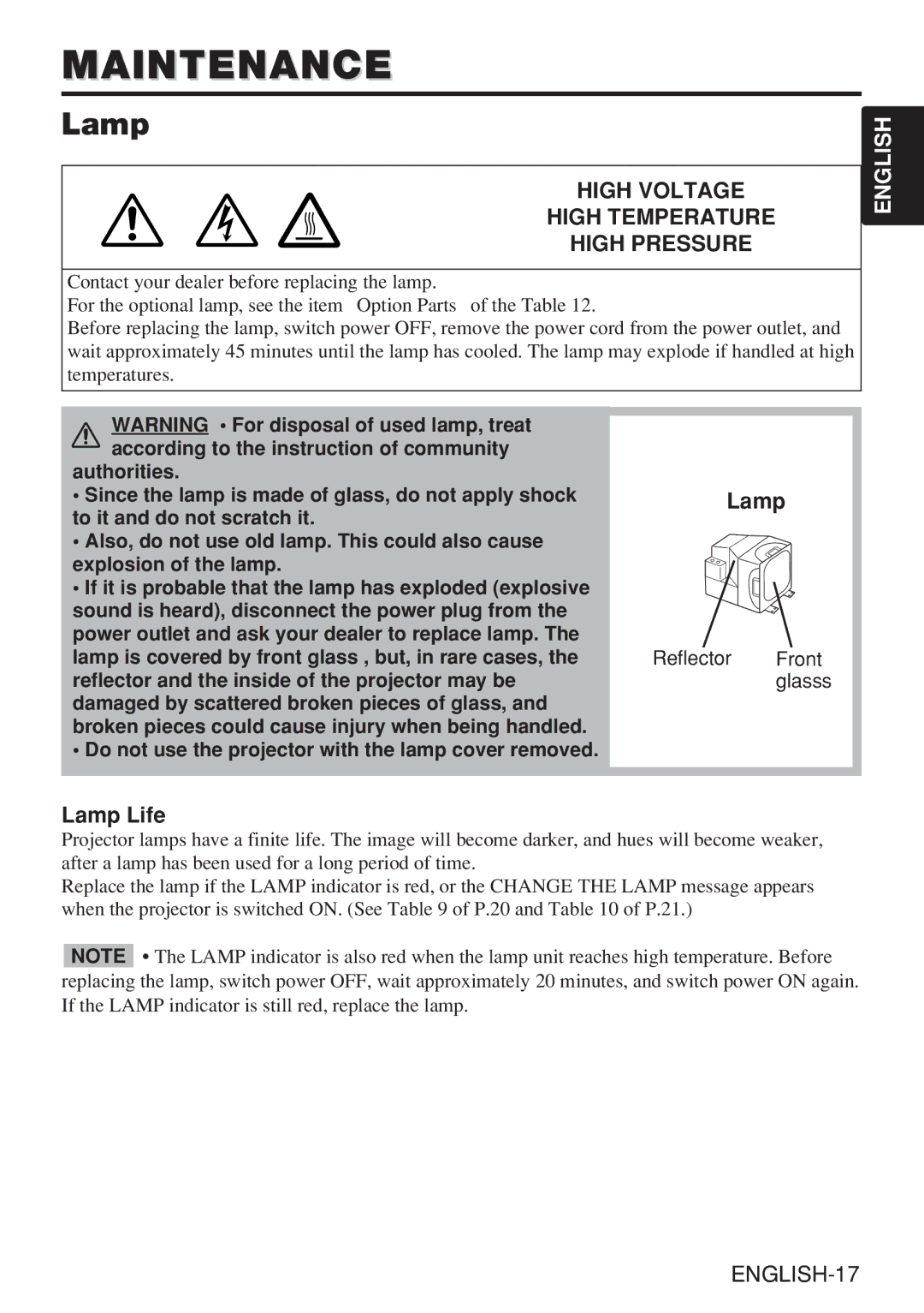 Hitachi CP-X985W user manual Maintenance, Lamp Life, Reflector Front glasss 