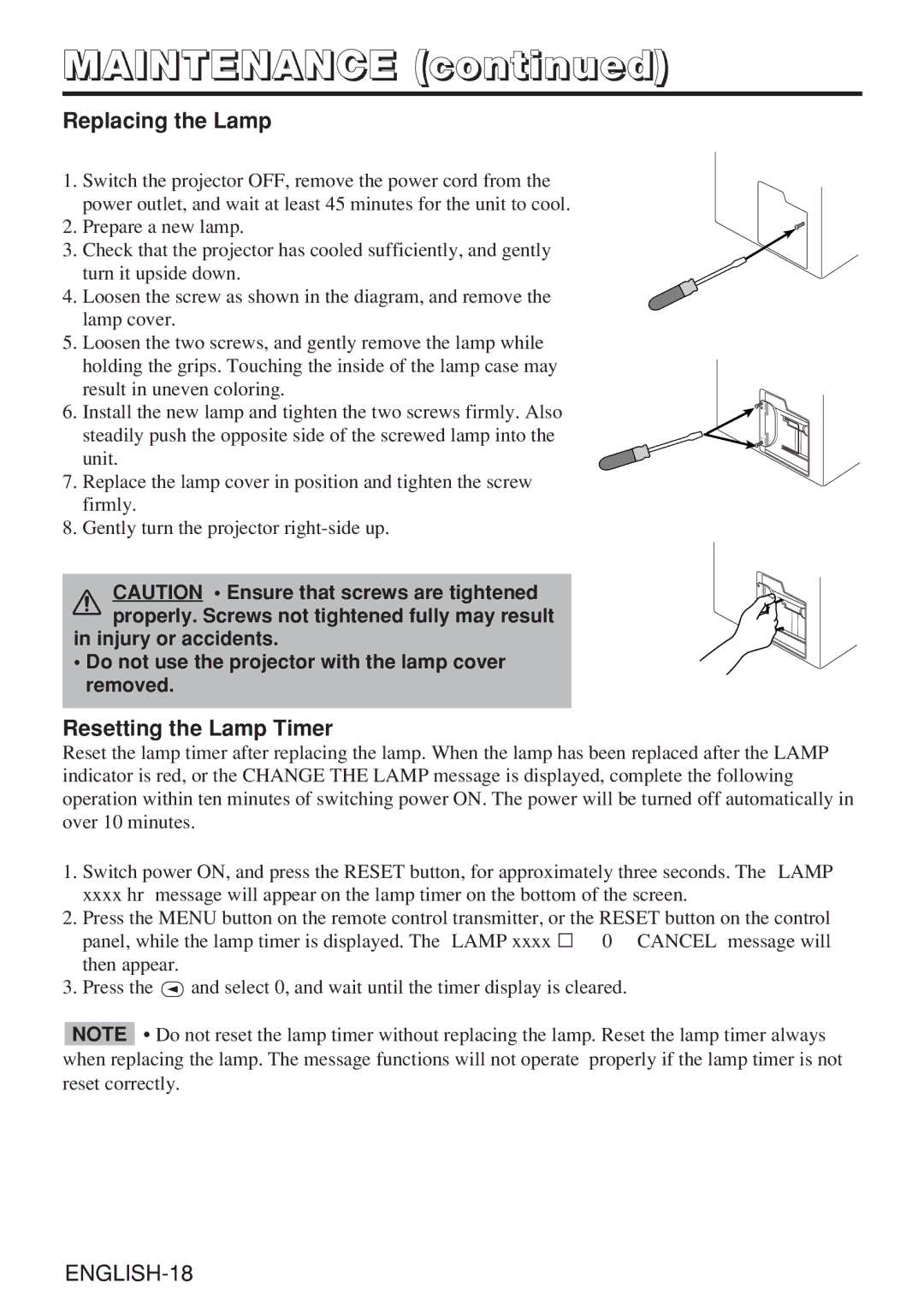 Hitachi CP-X985W user manual Maintenance, Replacing the Lamp, Resetting the Lamp Timer 