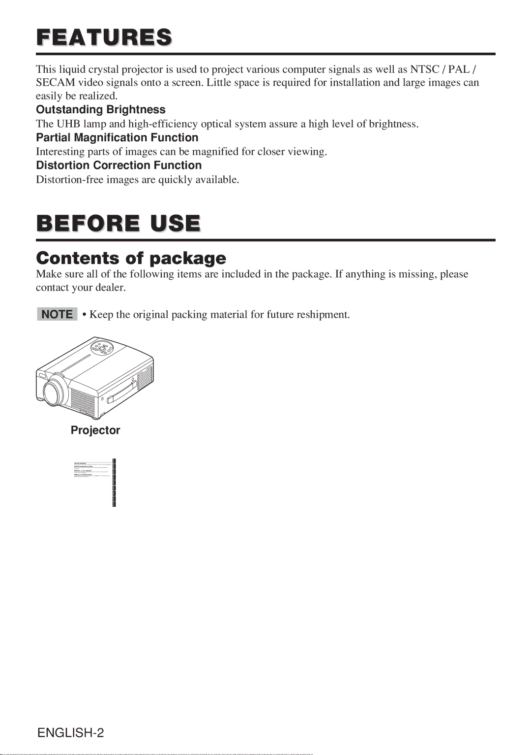 Hitachi CP-X985W user manual Features, Before USE, Contents of package 