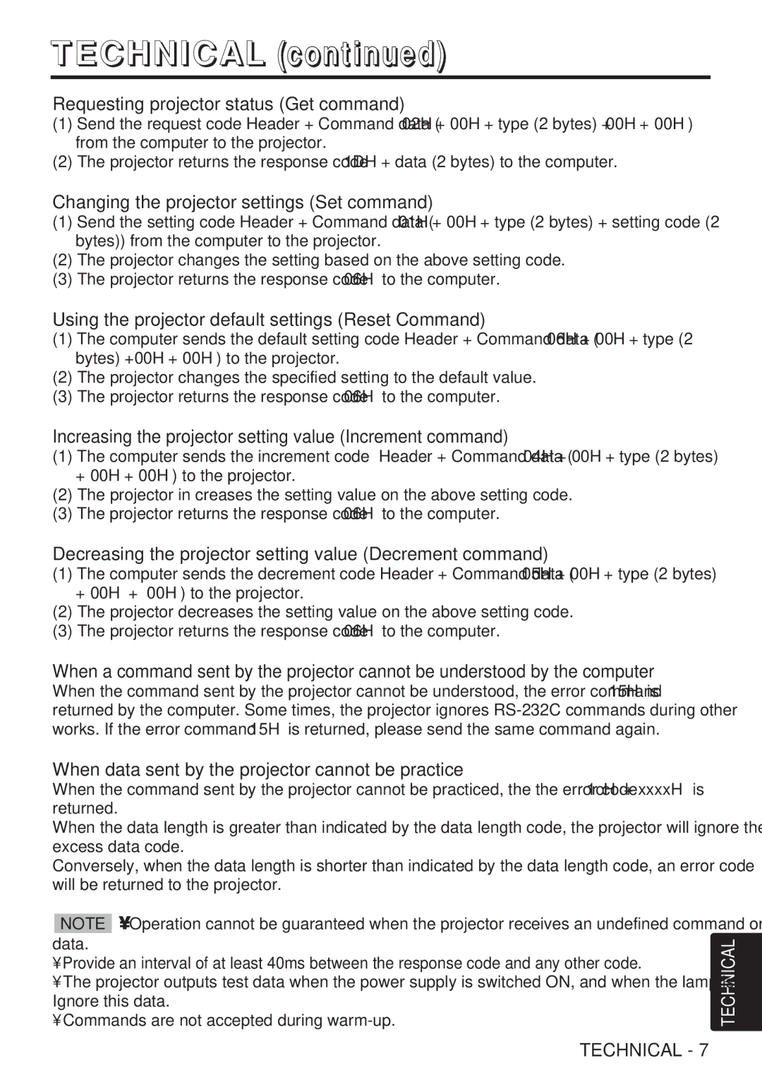 Hitachi CP-X985W user manual Requesting projector status Get command, Changing the projector settings Set command 