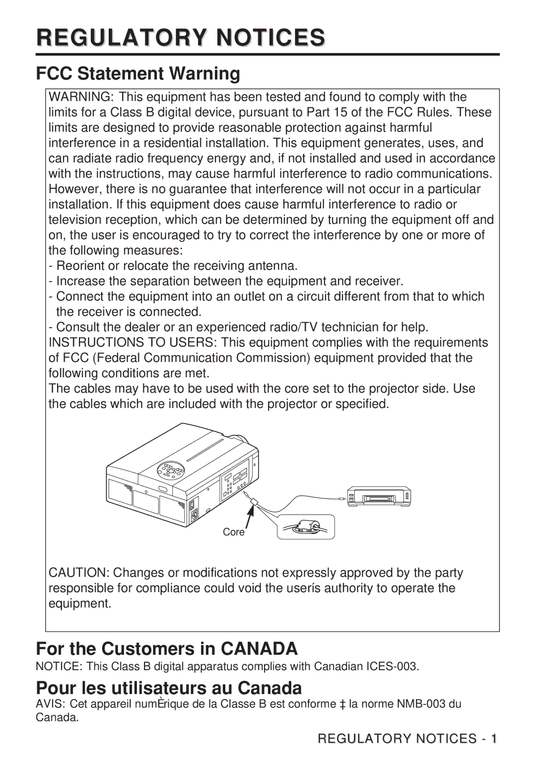 Hitachi CP-X985W Regulatory Notices, FCC Statement Warning, For the Customers in Canada Pour les utilisateurs au Canada 