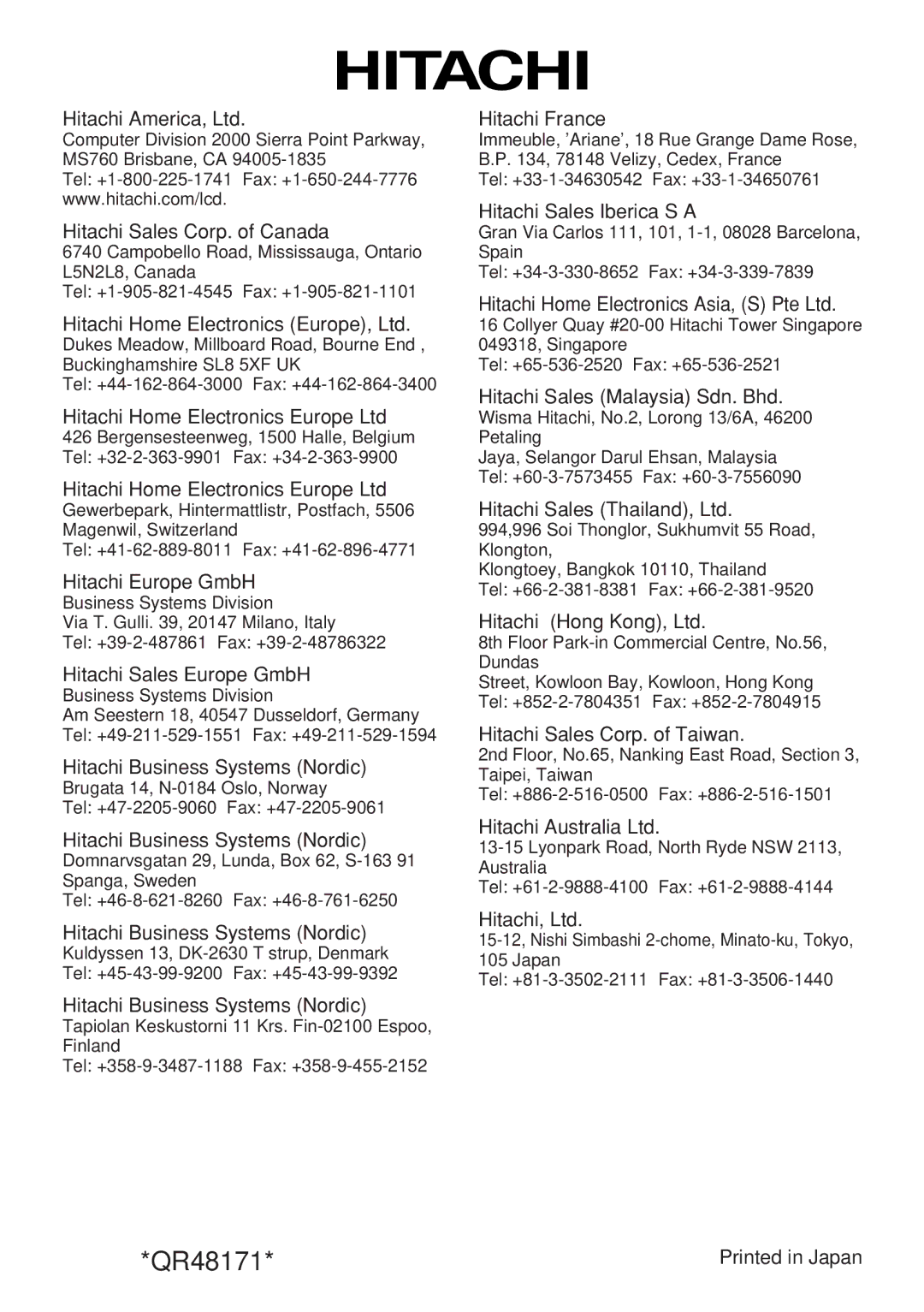 Hitachi CP-X985W user manual Hitachi Sales Corp. of Canada, Hitachi Europe GmbH, Hitachi Sales Europe GmbH, Hitachi France 