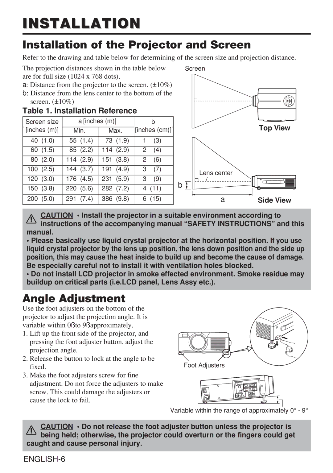 Hitachi CP-X985W user manual Installation of the Projector and Screen, Angle Adjustment, Installation Reference 