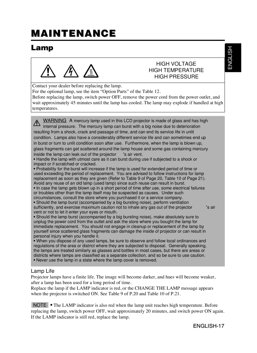 Hitachi CP-X990W user manual Maintenance, Lamp Life 