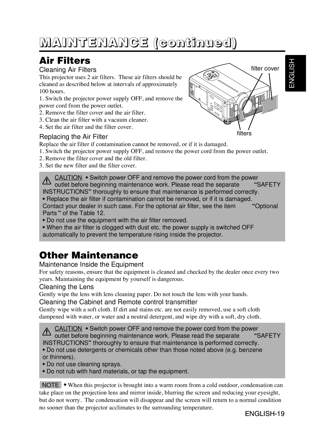 Hitachi CP-X990W user manual Air Filters, Other Maintenance 