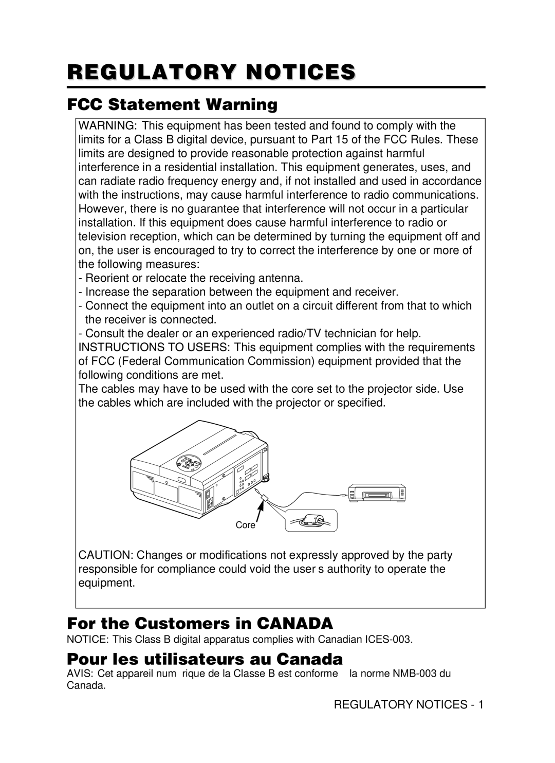 Hitachi CP-X990W Regulatory Notices, FCC Statement Warning, For the Customers in Canada Pour les utilisateurs au Canada 