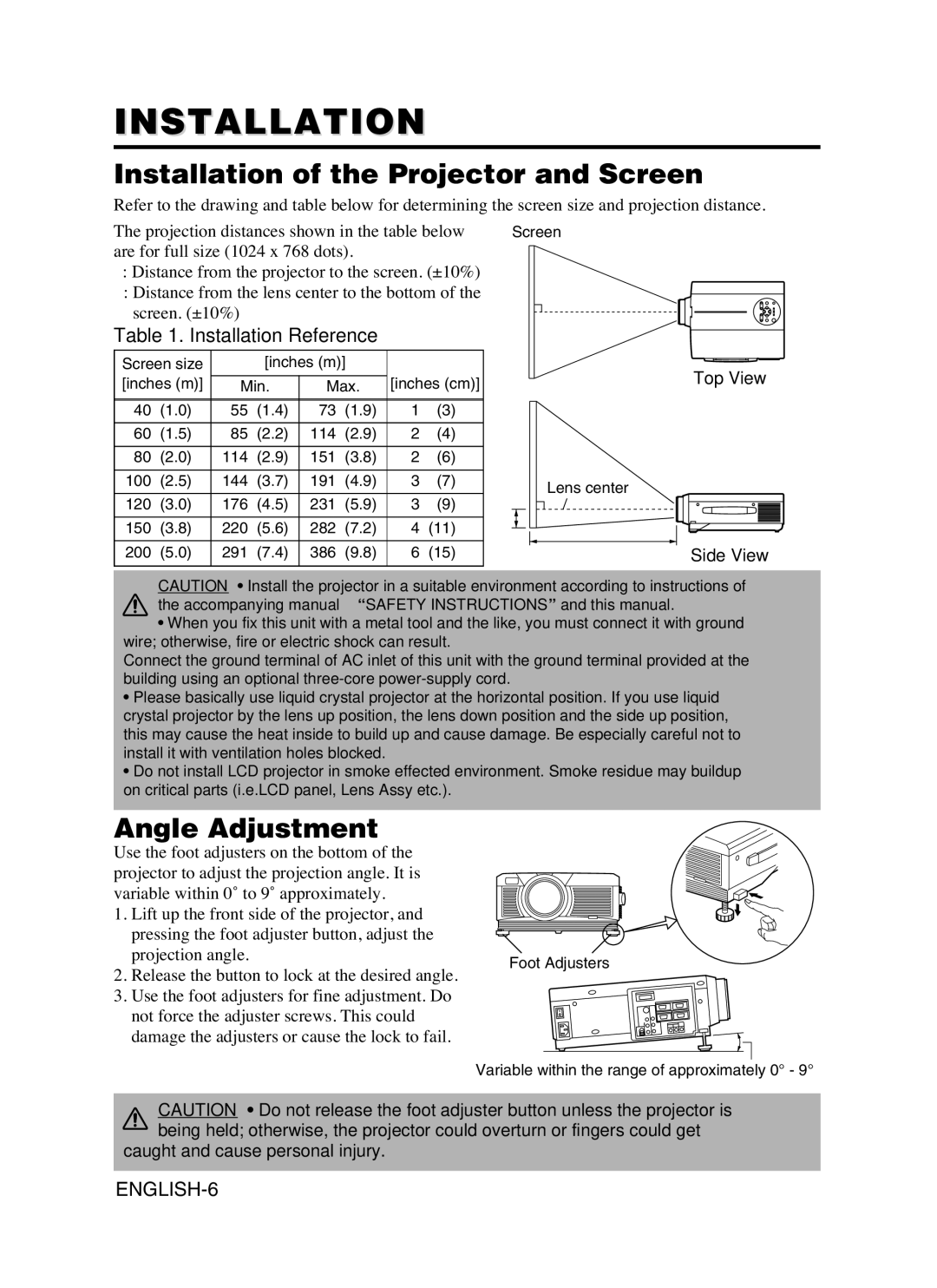 Hitachi CP-X990W user manual Installation of the Projector and Screen, Angle Adjustment, Installation Reference 