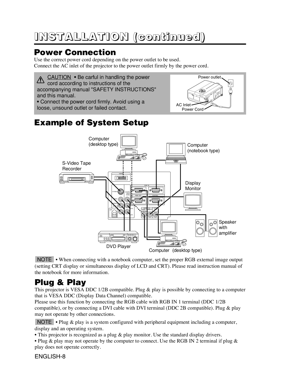 Hitachi CP-X990W user manual Power Connection, Example of System Setup, Plug & Play 