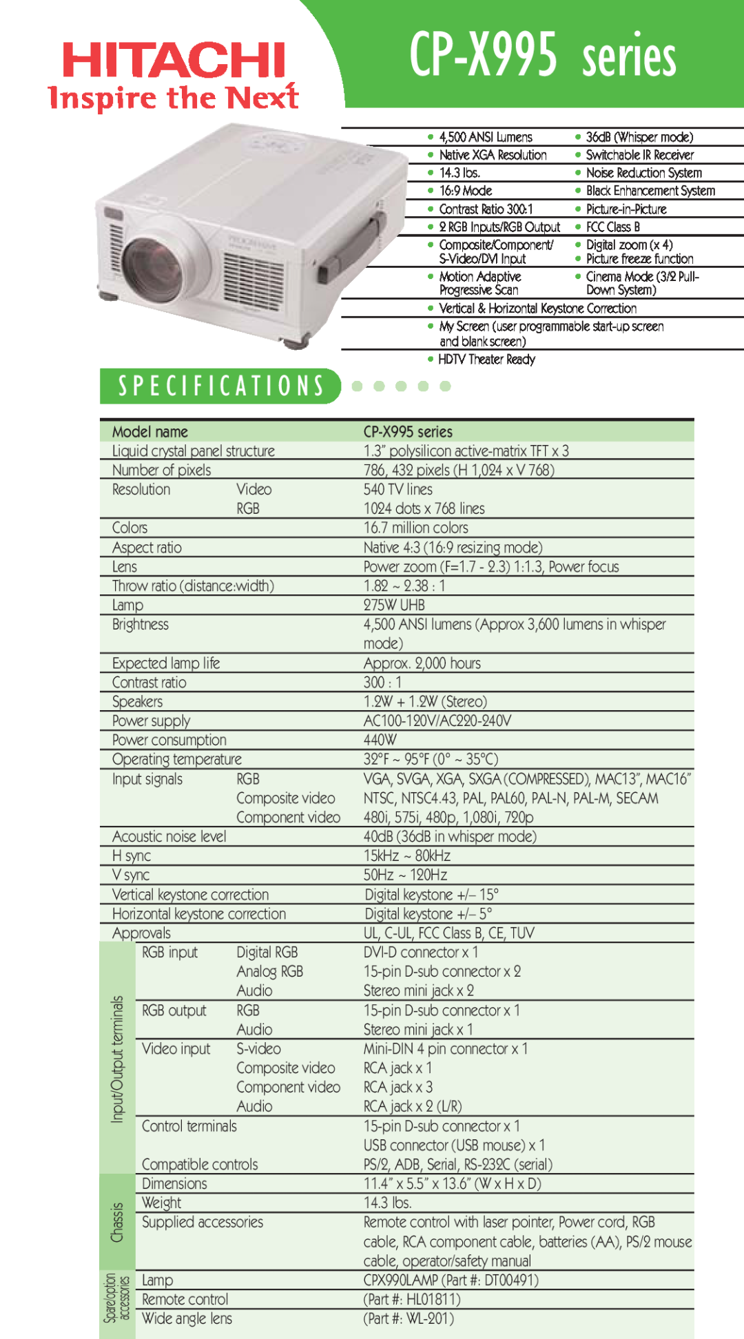Hitachi CP-X995 specifications series, S P E C I F I C A T I O N S 