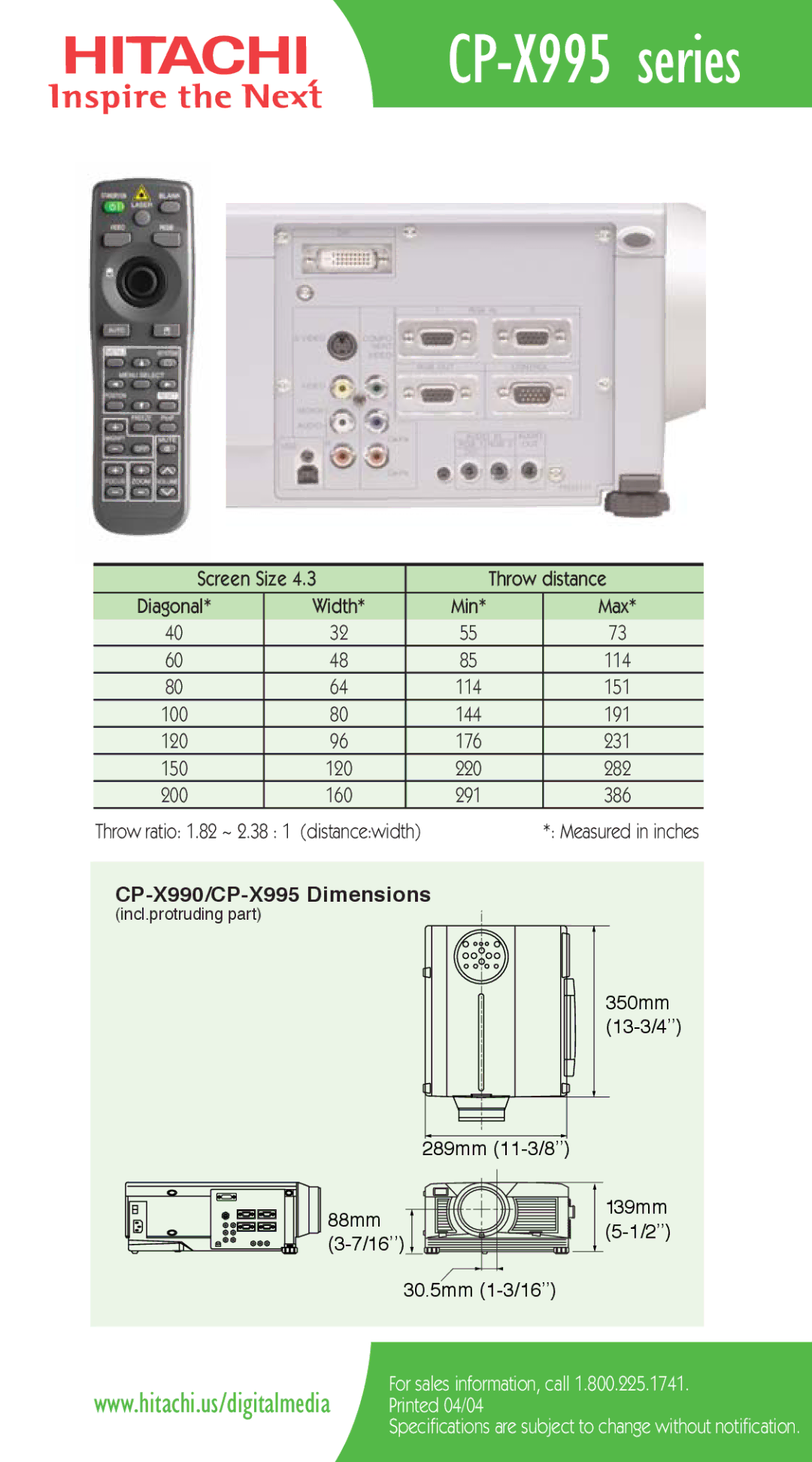 Hitachi specifications CP-X995 series, Screen Size Throw distance Diagonal Width, Max, CP-X990/CP-X995 Dimensions 