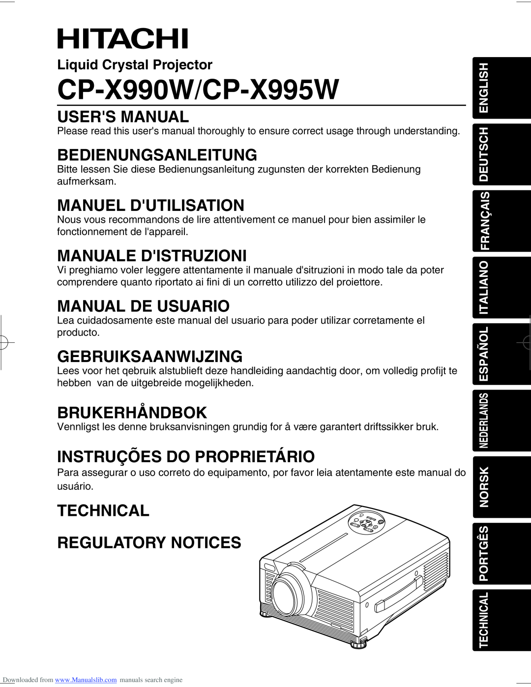 Hitachi CP-X995W user manual Users Manual, Bedienungsanleitung, Manuel Dutilisation, Manuale Distruzioni, Brukerhåndbok 