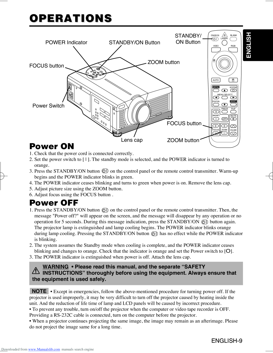 Hitachi CP-X995W user manual Operations, Power ON, Power OFF, English 