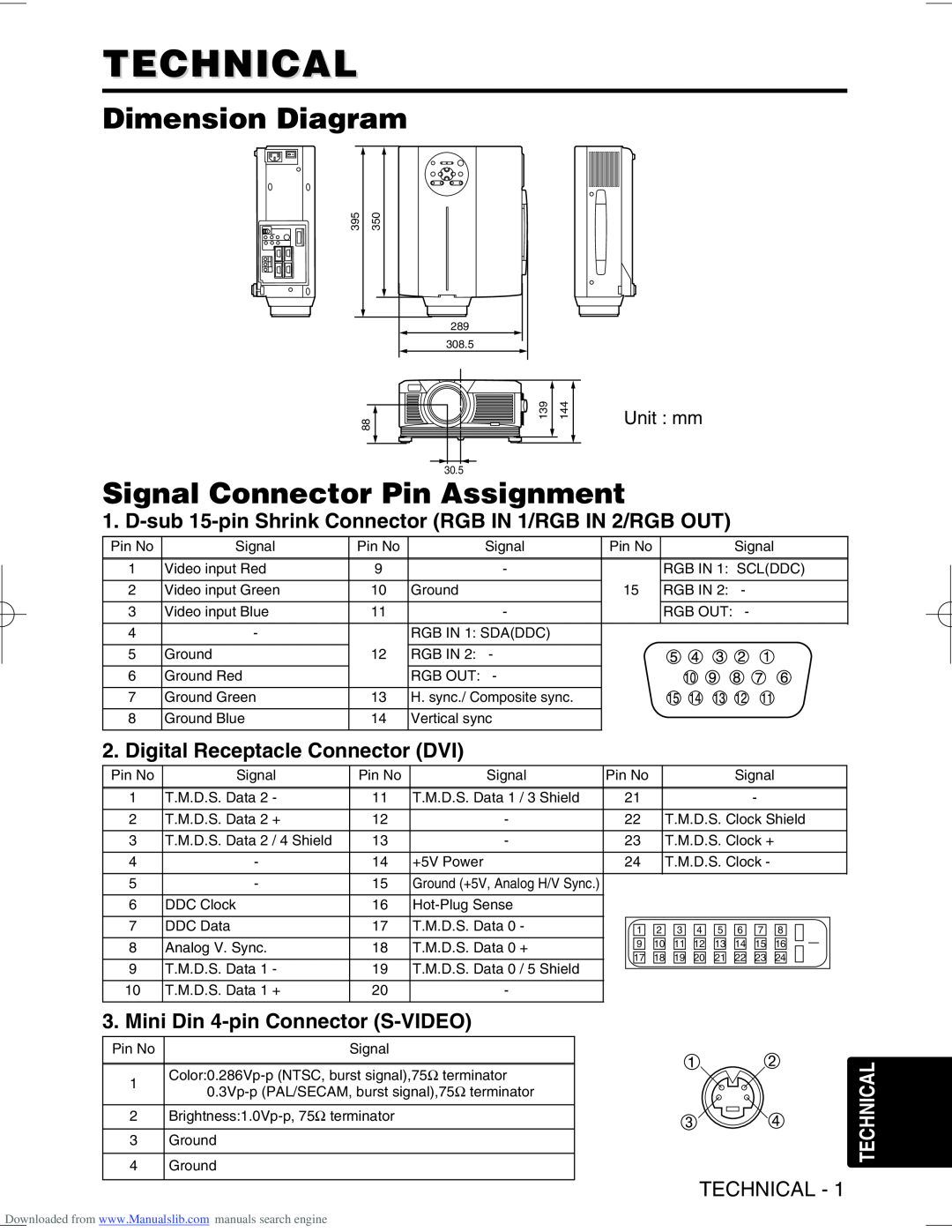 Hitachi CP-X995W Technical, Dimension Diagram, Signal Connector Pin Assignment, Digital Receptacle Connector DVI 