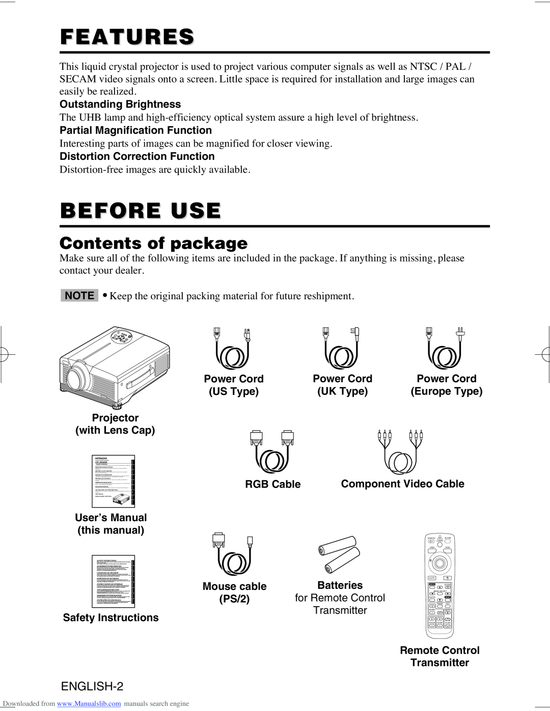 Hitachi CP-X995W user manual Features, Before Use, Contents of package 