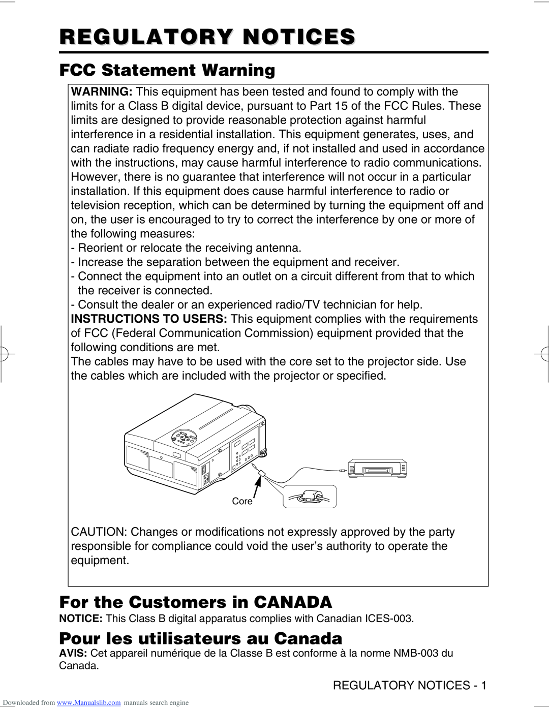Hitachi CP-X995W Regulatory Notices, FCC Statement Warning, For the Customers in CANADA, Pour les utilisateurs au Canada 