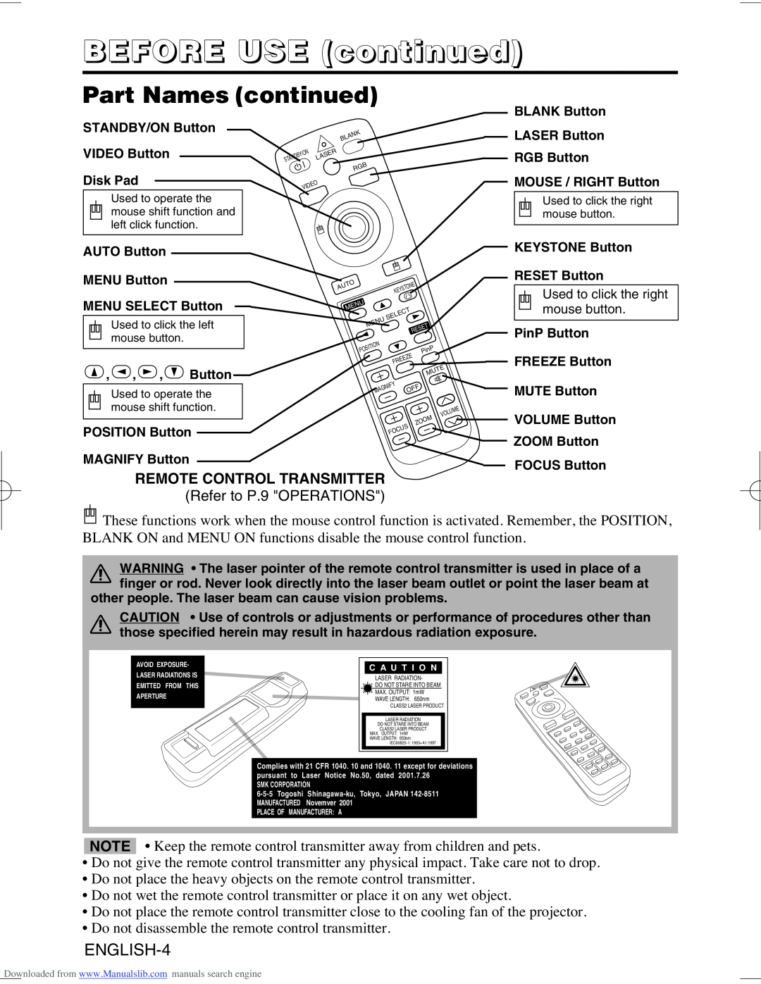 Hitachi CP-X995W user manual Part Names continued, BEFORE USE continued, ENGLISH-4 